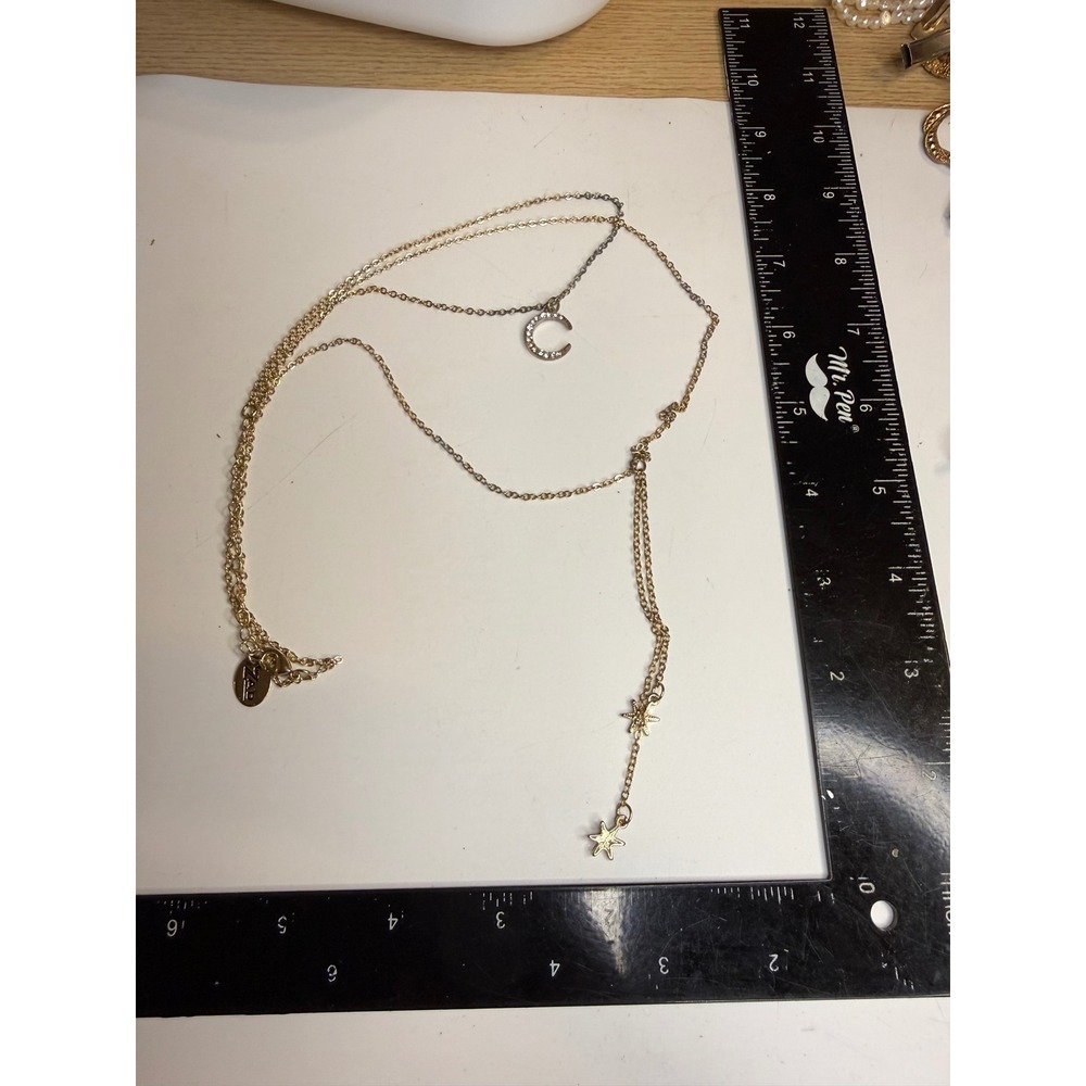 Zad Celestial Layered Necklace Gold Tone Rhinestone Crescent Moon Star Lariat